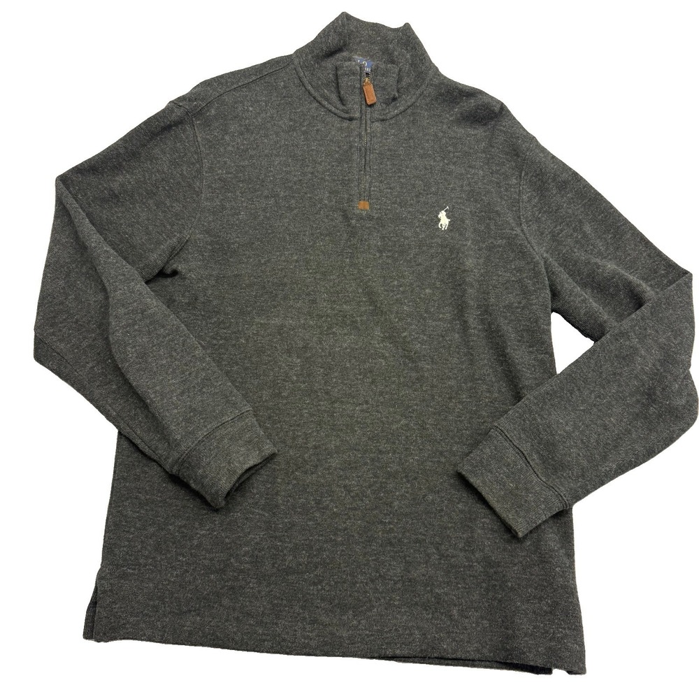 Polo Ralph Lauren Quarter Zip Mens Medium Charcoal Gray Estate Rib White Pony